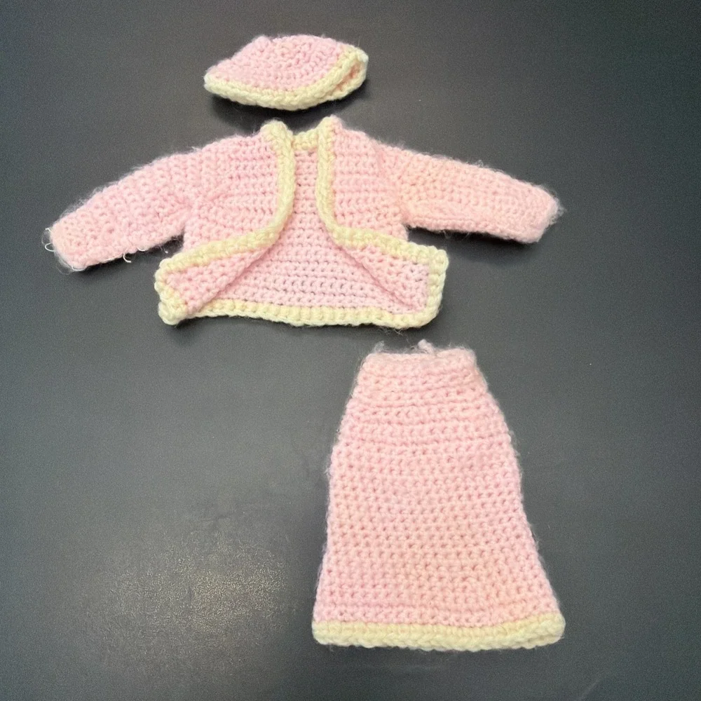 Vintage Handmade Crocheted Pink Color Dress, Barbie Size With Accessories